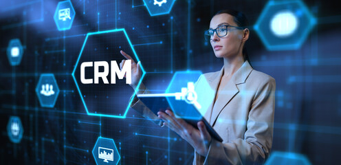 CRM Customer relationship management software system business technology concept. Young business...