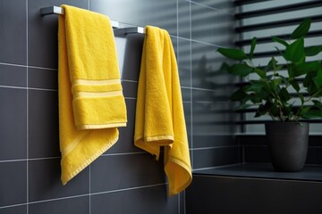 hanging yellow towel in modern bathroom with grey tiles