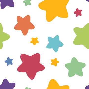 Patr&oacute;n sin costuras estrellas coloridas ilustradas sobre fondo de papel kraft, textura perfecta para envolver regalos, patr&oacute;n gr&aacute;fico estrellado infantil minimalista