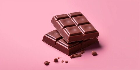 Pieces of Chocolate Isolated on Pink Background. Delicious Chocolate Bar