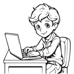 A boy with a laptop outline coloring book sheet vector illustration