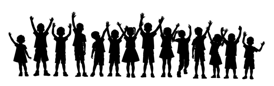 Group of happy kid dancing, kid raising hand silhouette