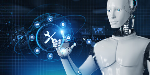 Fototapeta premium Support customer service automation. Robot pressing button on screen 3d render.