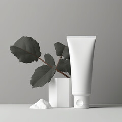 Scandinavian Serenity: Minimalistic Cosmetic Cream Packaging Mockup with Eucalyptus
