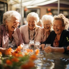 older women friends meeting up after long time for drinks in a cafe on the street , talking about their memories. in good summer weather. The grannies are happy to see each other and laugh.