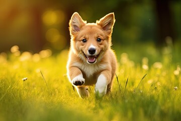 A joyful puppy captured in action running on lush summer grass