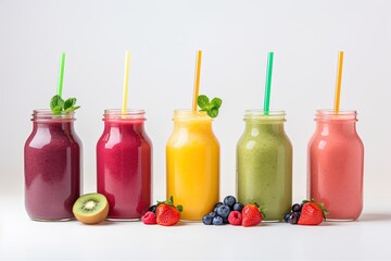 A line of nutritious smoothies in glass bottles with straws featuring various fresh fruits and...