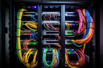 A multitude of UTP and Ethernet cables are organized in a rack cabinet in the data center stemming from a patch panel in the server rack - obrazy, fototapety, plakaty