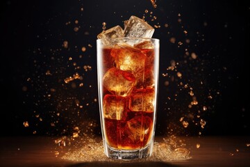 A refreshing carbonated soda with ice and effervescence - obrazy, fototapety, plakaty
