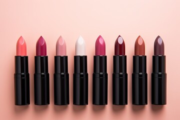 Obraz premium A sequence of six diverse lipstick shades on display alongside a collection of makeup artist supplies and beauty products