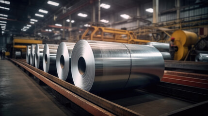 Naklejka premium Roll of galvanized steel sheet at a metalworking factory