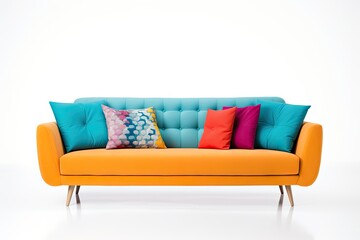 A white background isolates a modern couch with pillows in a studio shot