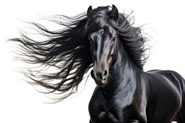 A white background portrait of a black stallion with a long mane in motion - 654360368