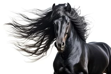 Fototapeten A white background portrait of a black stallion with a long mane in motion © The Big L