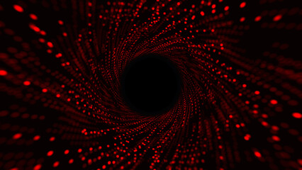 Abstract 3d red color circle tunnel or wormhole. Digital background with connected green dots. 3d rendering. - obrazy, fototapety, plakaty