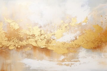 Abstract acrylic and watercolor painting with beige white and gold horizontal background
