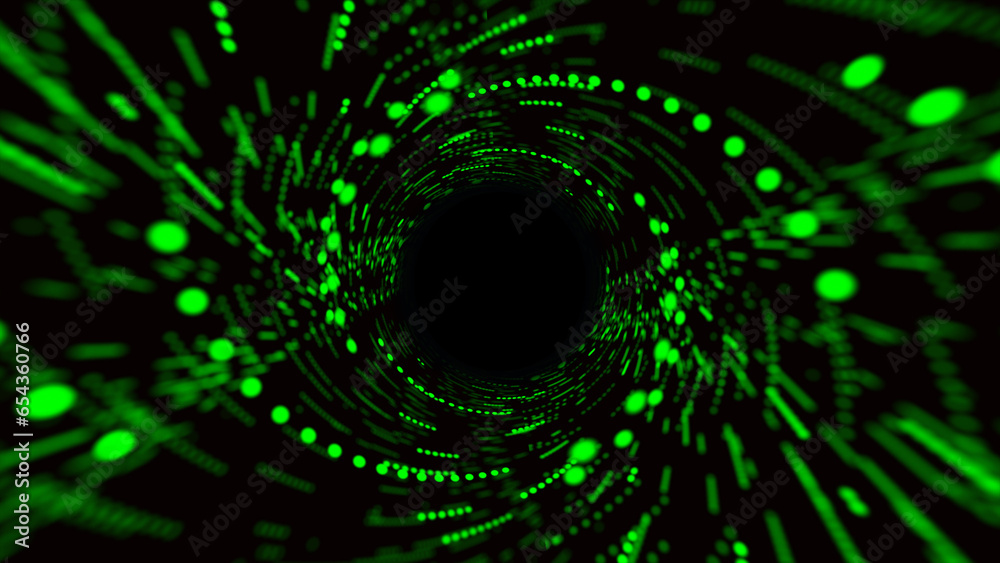 Wall mural abstract 3d portal. circle tunnel or wormhole. digital background with connected green dots. 3d rend