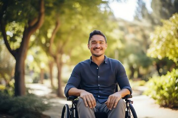 Obraz premium A beautiful young man with a radiant smile, gracefully seated in a sleek, modern wheelchair, navigates through a lush, serene park, representing independence, resilience, and the beauty of diversity