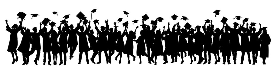 Crowd of graduates in mantles, throws up the square academic caps. Graduated student. Happy Graduation Activity Silhouettes. 