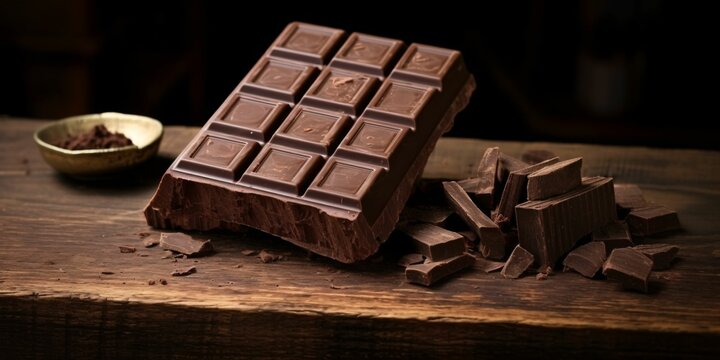 Pieces of Dark Chocolate on Wooden Table. Delicious Chocolate Bar