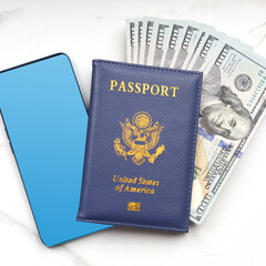 US passport and dollars. Business concept