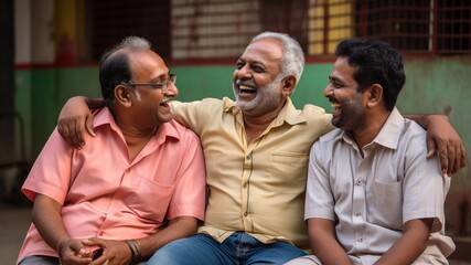 Three Indian men friends smiling and laughing together, dressed in color, against a colorful...