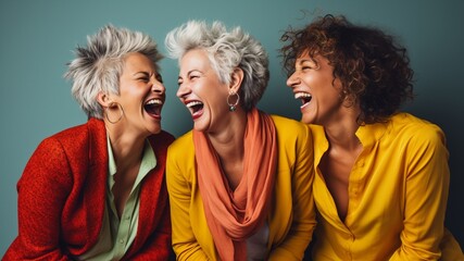 Three German women friends smiling and laughing together, dressed in color, against a colorful...