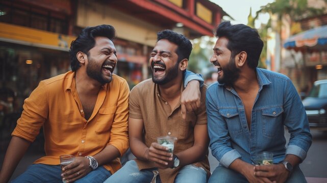 Three Indian men friends smiling and laughing together, dressed in color, against a colorful background of yellow, blue, orange, green, and red