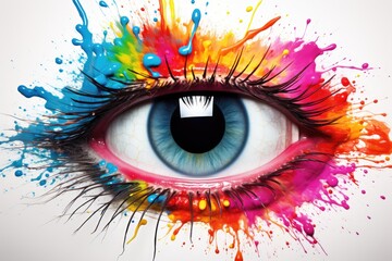 Abstract photo of a woman s eye in close up resembling splashes and dripping colors on a white backdrop Female eye with spray paint surrounding it