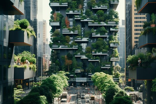 A detail of a futuristic city where buildings are covered in lush greenery and are powered by advanced renewable energy, depicting a harmonious blend of technology and nature