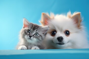 Adorable pets a kitten and a dog on a blue background Cat and puppy emerging from a hole on colorful backdrop Empty area for text