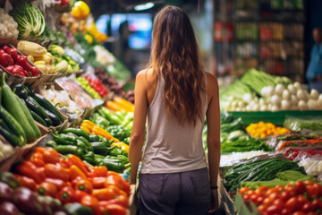 Shopping of young woman choose colorful vegetables at farmers markets outside. Lifestyle concept for holidays and travel.