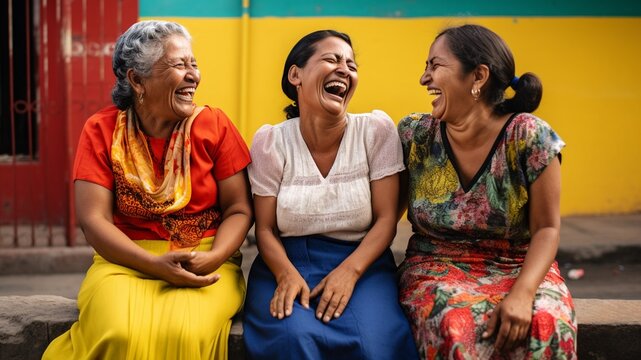 Three Mexican women friends smiling and laughing together, dressed in color, against a colorful background of yellow, blue, orange, green, and red