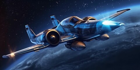 Fighter Jet Flying in a Blue Night Sky with Shining Stars