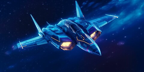 Obraz premium Fighter Jet Flying in a Blue Night Sky with Shining Stars