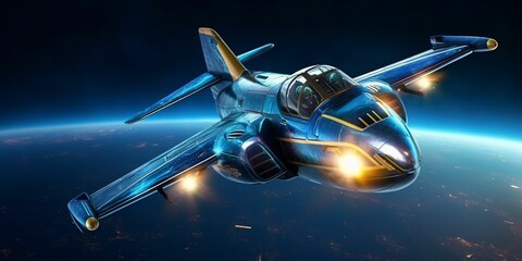 Fighter Jet Flying in a Blue Night Sky with Shining Stars