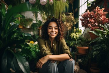 A creative female influencer, with an inviting smile,  backdrop filled with plants and art, representing the personal and approachable nature of social media content creation