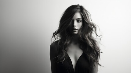 Fototapeta premium Black and white portrait of a beautiful young woman with long hair.