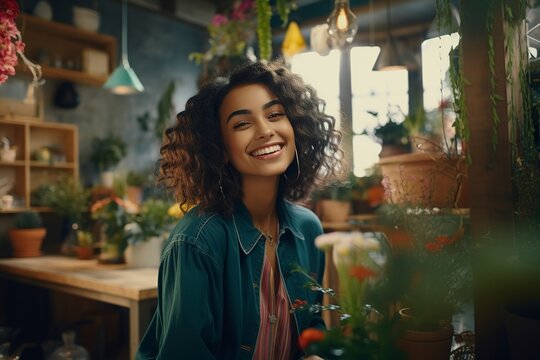 A creative female influencer, with an inviting smile,  backdrop filled with plants and art, representing the personal and approachable nature of social media content creation