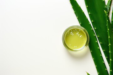 Aloe vera oil and gel with green cactus leaf on white background - obrazy, fototapety, plakaty
