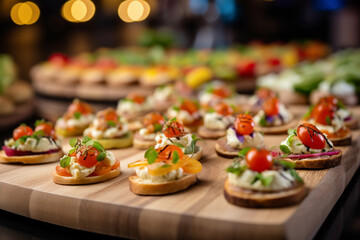Assortment of delicious canapes on wooden board. Festive banquet service, catering food or buffet at the reception. Generative AI
