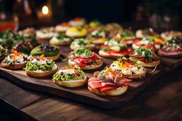 Assortment of delicious canapes on wooden board. Festive banquet service, catering food or buffet at the reception. Generative AI - obrazy, fototapety, plakaty