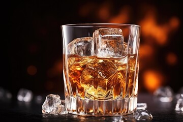 Amber whiskey with ice in glass Bourbon with ice Alcoholic beverage with ice
