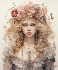 Young girl decorated with beautiful wildflowers, raspberries and jewels. Creative image