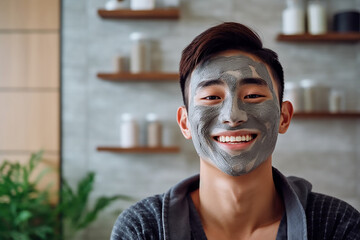 Handsome asian man with a face mask. Healthy beauty clean treatment. Fashion cosmetics skincare. Generative AI