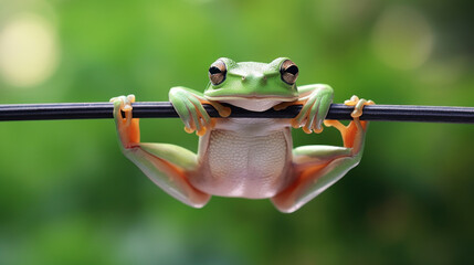 gros plan d'une grenouille en équilibre sur une branche, fond vert flou