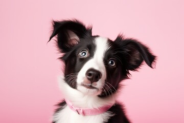Amusing portrait of a happy puppy on a pink background eagerly waiting for a reward