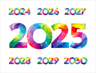 Set of colorful numbers from 2024 to 2030. Creative icons 2025, 2026, 2027, 2028 and 2029. Calendar or planner title. Business concept. Isolated stained texture. Blue, red, purple, yellow and green.