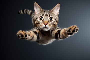 Amusing cat in mid air playfully jumping with attention to the camera against a background with room for text