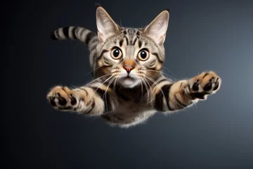 Foto op Plexiglas Amusing cat in mid air playfully jumping with attention to the camera against a background with room for text © The Big L